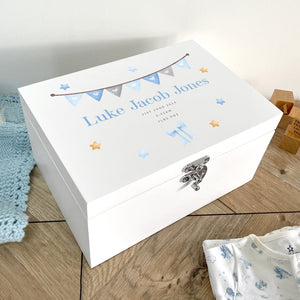 Personalised Blue Garland New Baby White Wooden Memory Box - 3 Sizes (22cm | 27cm | 30cm)