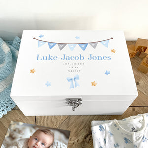 Personalised Blue Garland New Baby White Wooden Memory Box - 3 Sizes (22cm | 27cm | 30cm)