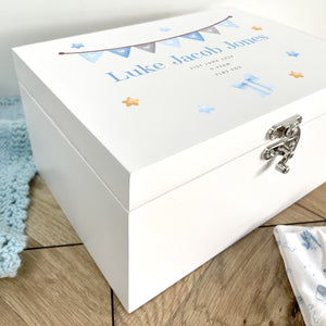 Personalised Blue Garland New Baby White Wooden Memory Box - 3 Sizes (22cm | 27cm | 30cm)