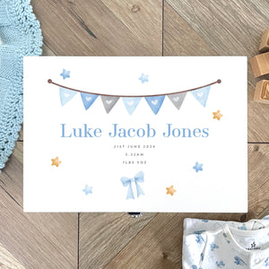 Personalised Blue Garland New Baby White Wooden Memory Box - 3 Sizes (22cm | 27cm | 30cm)