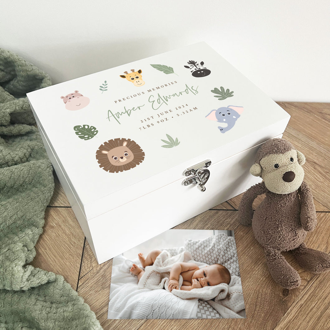 Personalised Jungle Animals New Baby White Wooden Memory Box - 3 Sizes (22cm | 27cm | 30cm)