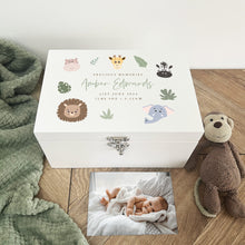 Load image into Gallery viewer, Personalised Jungle Animals New Baby White Wooden Memory Box - 3 Sizes (22cm | 27cm | 30cm)
