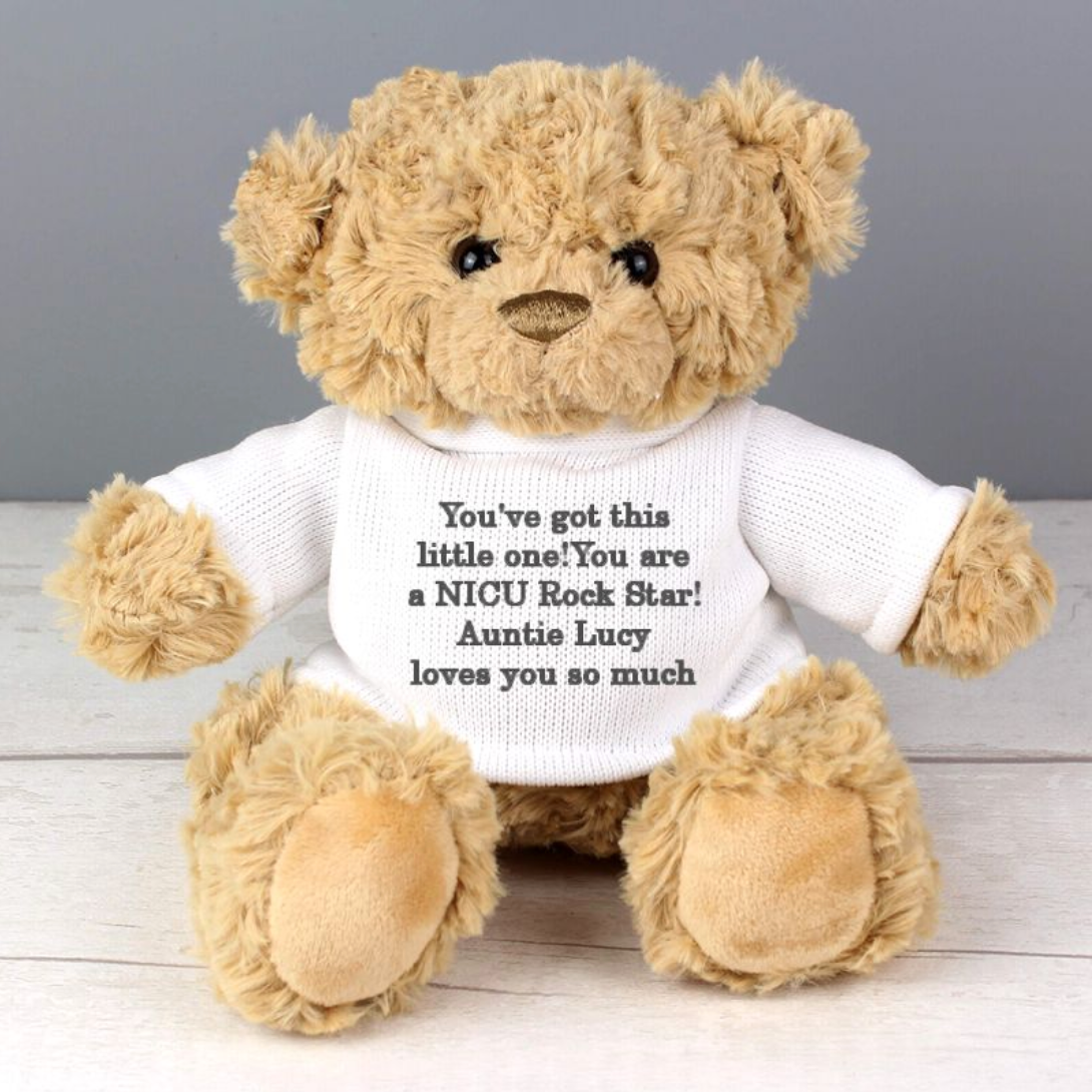 Personalised Message Teddy Bear Grey Pink Blue Lovely NICU Gifts